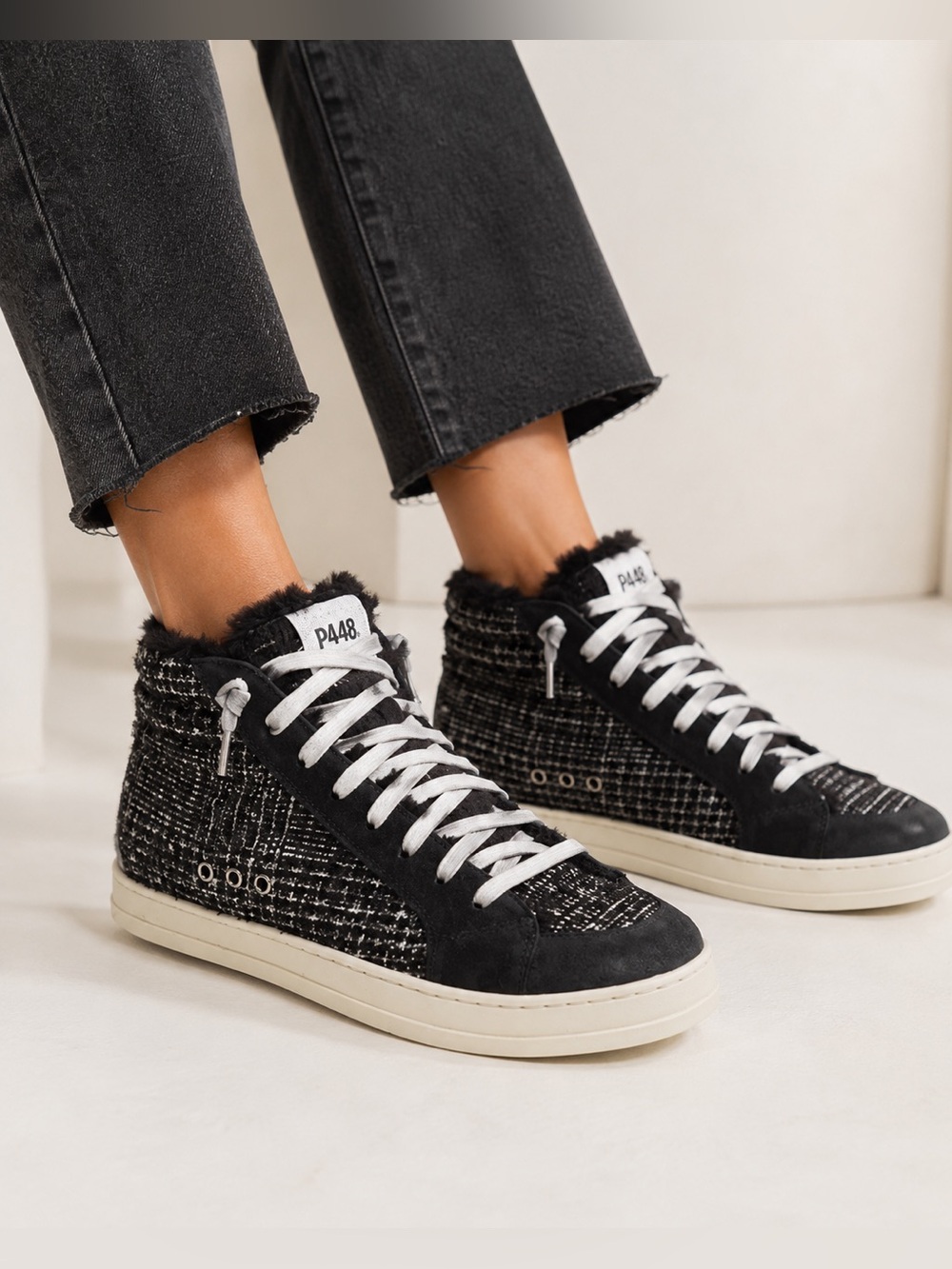 NEW • P448 • Women’s Skate Faux Fur Trim High Top Sneaker Black Tweed 38 / US 8